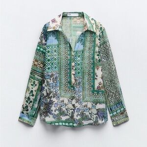 Zara printed patchwork button down shirt